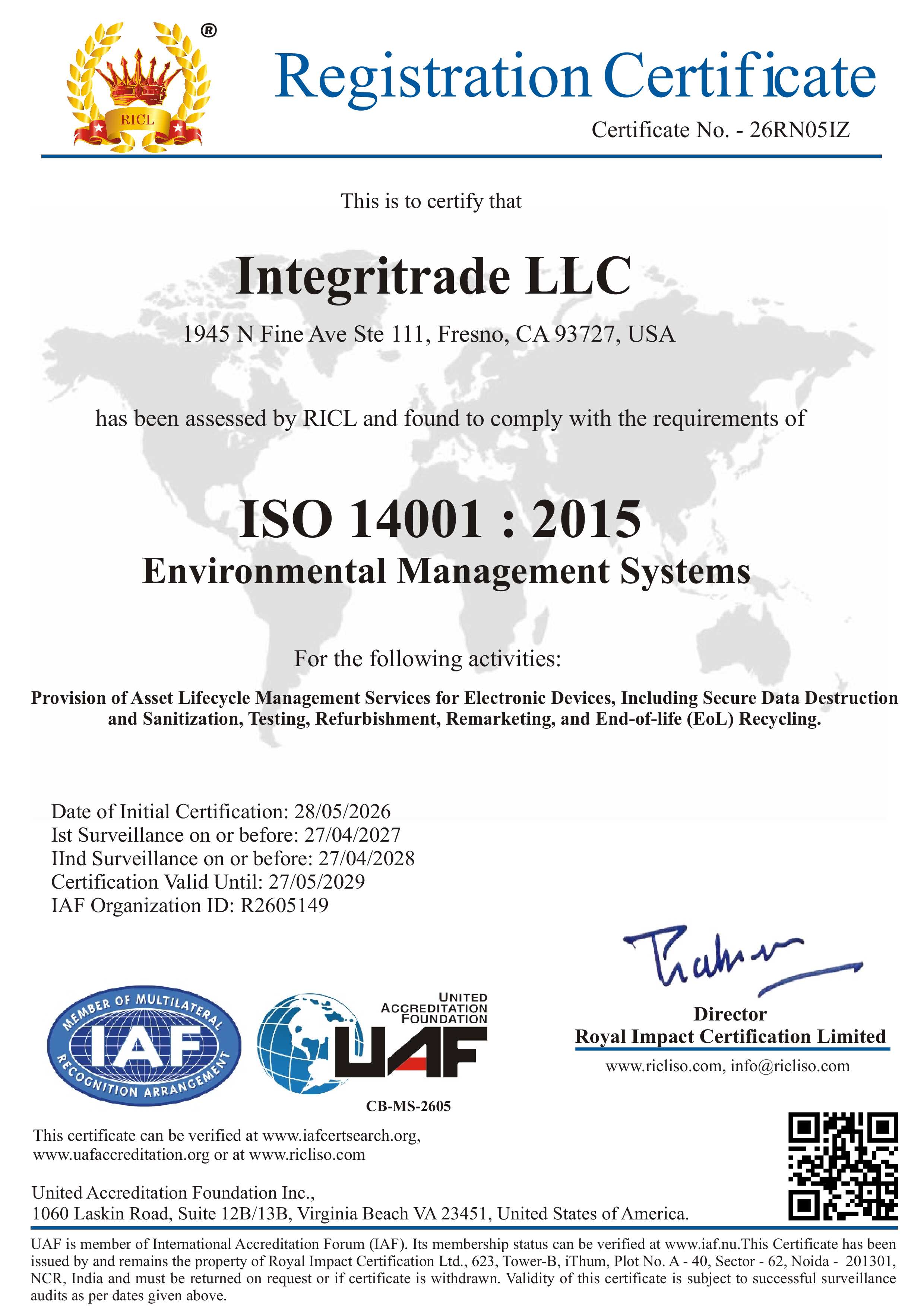 Royal Impact Certification Ltd. ISO 14001 Certificate